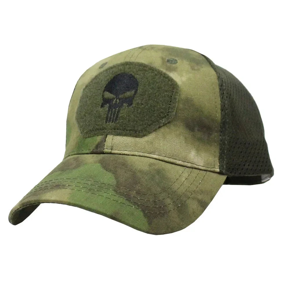 Casquette Tactique Camouflage – Maille Respirante avec Patch Tête de Mort