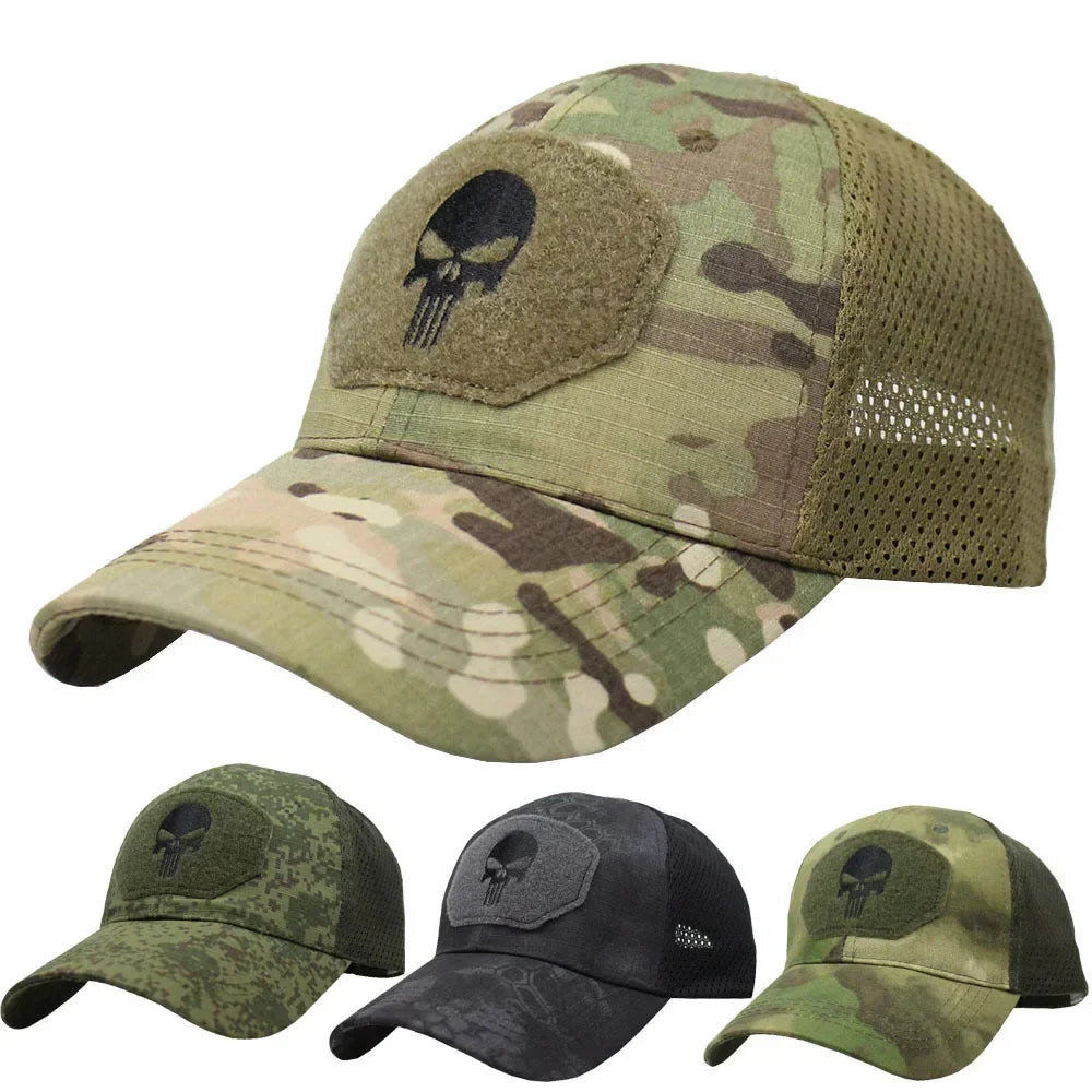 Casquette Tactique Camouflage – Maille Respirante avec Patch Tête de Mort