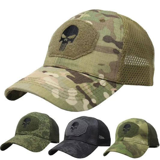Casquette Tactique Camouflage – Maille Respirante avec Patch Tête de Mort