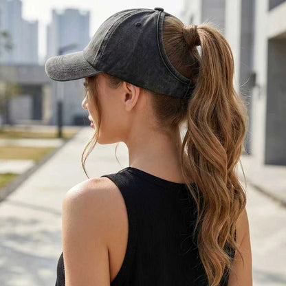 Casquette Femme Vintage Délavée avec Ouverture Queue de Cheval
