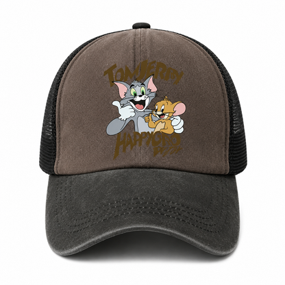 Casquette Trucker Vintage Unisexe – Motif Chat et Souris Animés