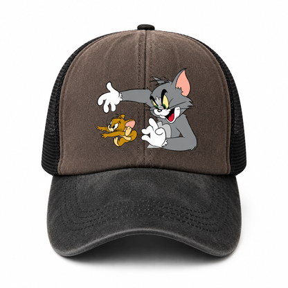 Casquette Trucker Vintage Unisexe – Motif Chat et Souris Animés