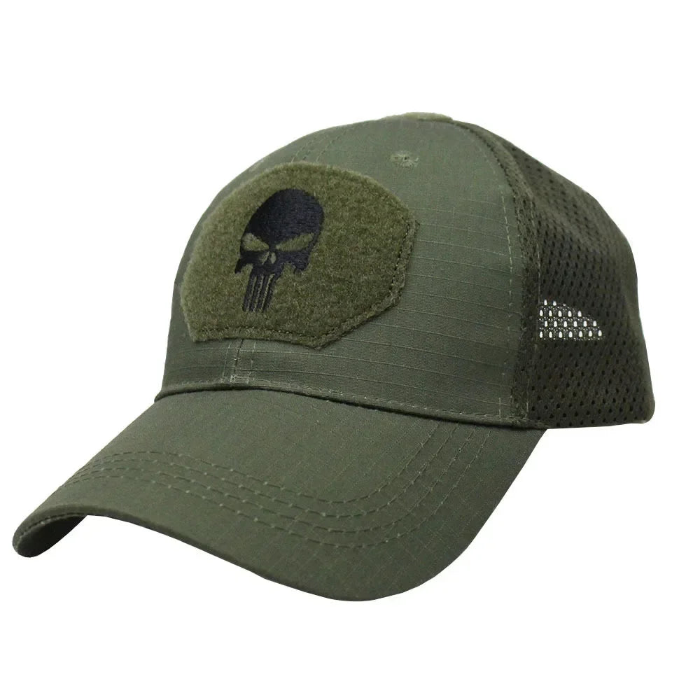 Casquette Tactique Camouflage – Maille Respirante avec Patch Tête de Mort