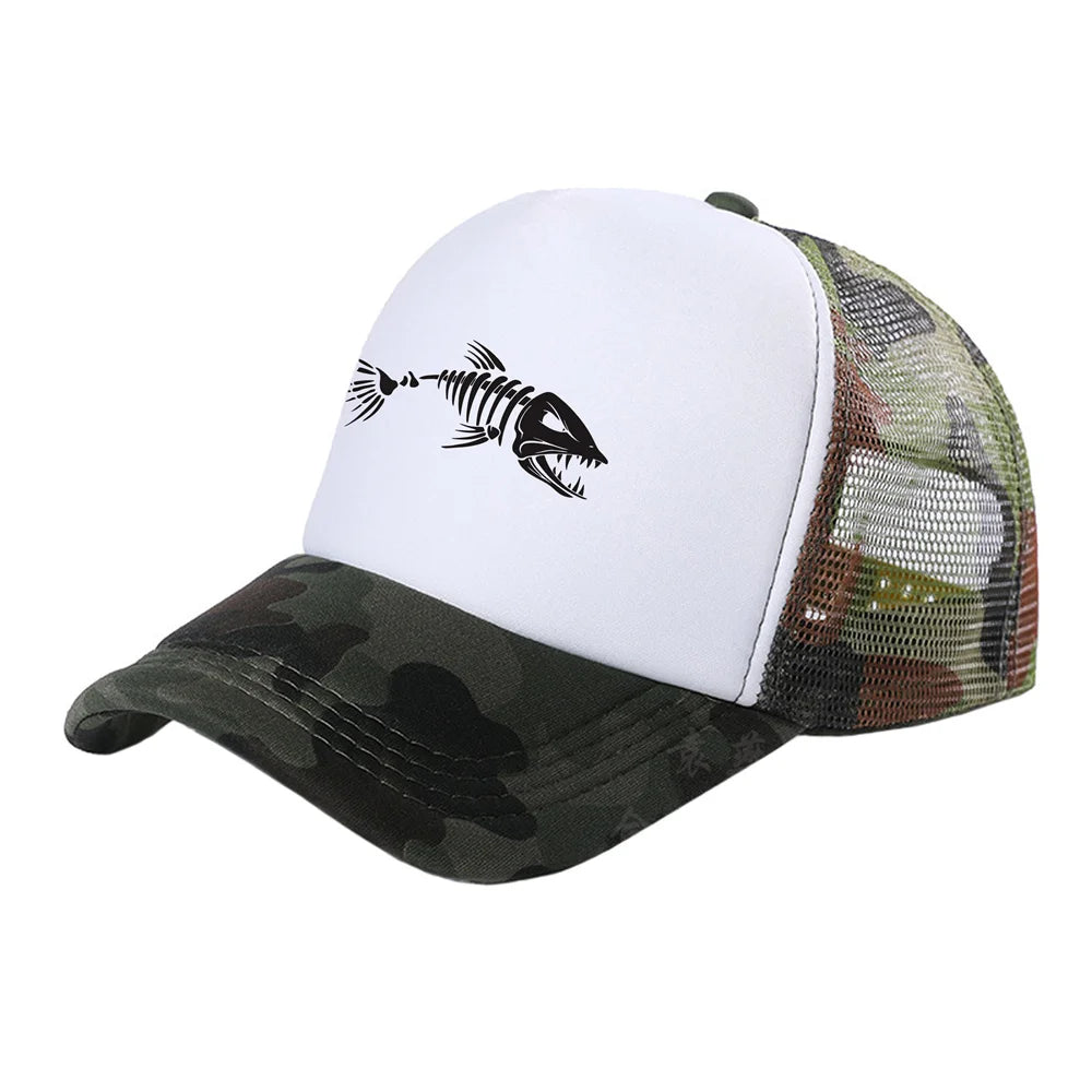 Casquette Trucker Unisexe – Motif Squelette de Poisson et Maille Respirante