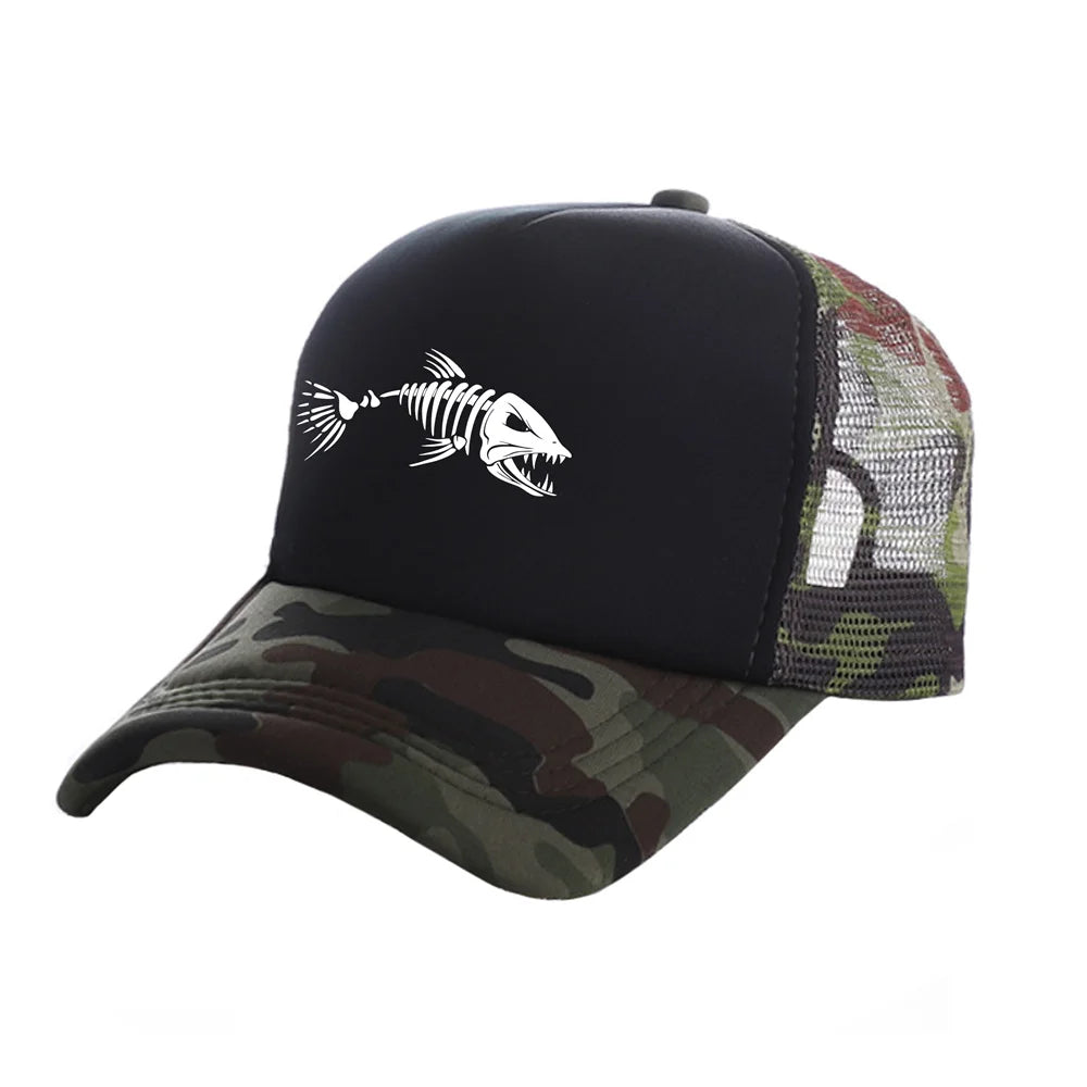 Casquette Trucker Unisexe – Motif Squelette de Poisson et Maille Respirante