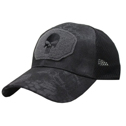 Casquette Tactique Camouflage – Maille Respirante avec Patch Tête de Mort