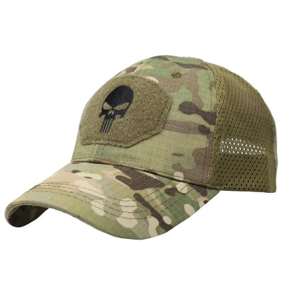 Casquette Tactique Camouflage – Maille Respirante avec Patch Tête de Mort