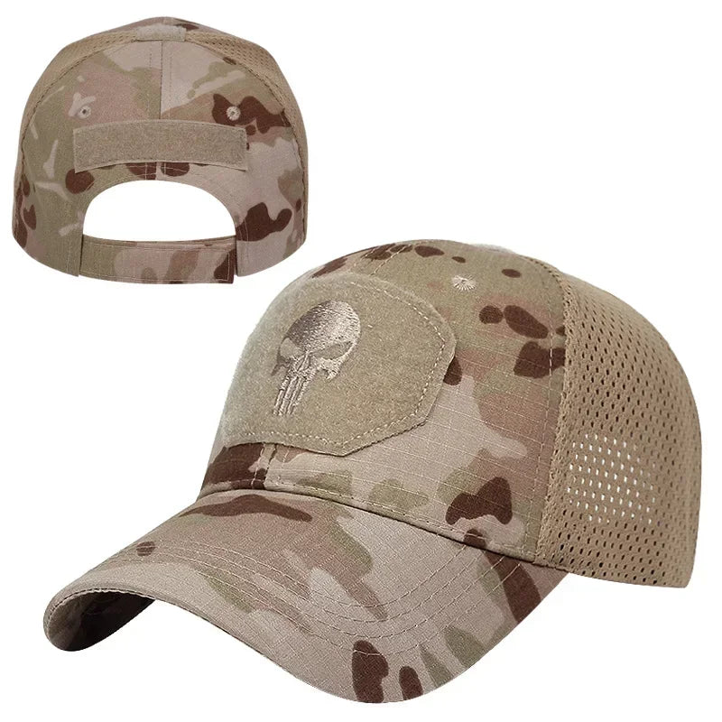Casquette Tactique Camouflage – Maille Respirante avec Patch Tête de Mort